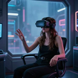 photo of a woman in vr headset sitting in cyberpunk room behind the window, by annie leibovitz