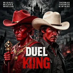 duel red king and shooter cowboy hat, dark tower background, stephen king, travel poster artwork by michael whelan and tomer hanuka, high contrast, full of details, by makoto shinkai and thomas kinkade, matte painting, trending on artstation and unreal engine