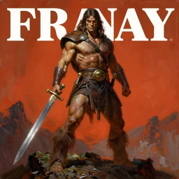 in the style of frank frazetta, a highly detailed matte portrait painting of conan the barbarian, standing on a mountain holding a sword, by ashley wood, triumph pose, eerie magazine cover, red orange brown colors, impressionism, palette knife and brush strokes, photorealistic, detailed, intricate, 4 k, focused, extreme details, masterpiece
