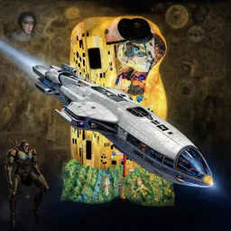 concept art, exterior illustration of a busy spaceship drifting in the void, cinematic, dynamic composition, dynamic perspective, zaha hadid, craig mullins, all seeing eye, jean giraud, sparth, gustav klimt, cyberpunk, synthwave, temples, dieter rams, mecha, foreboding, mysticism, alphonse mucha