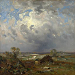 a painting of a cloudy sky over a field by alexei kondratyevich savrasov, deviantart, impressionism, impressionism, apocalypse landscape, dutch golden age