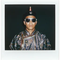 a mongolian cyberwarrior wearing funky sunglasses, polaroid, by jamel shabbaz, robert mapplethorpe, davide sorrenti