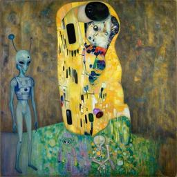a painting of a aliens and robots by graham sutherland, egon schiele, gustav klimt, guernica, expressionism
