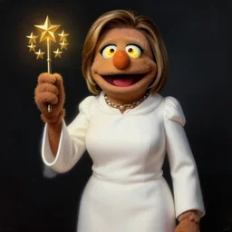 « full length portrait of nancy pelosi as an muppet in a white robe and flaming yellow eyes, seven stars in right hand, grim - lighting, high - contrast, intricate, elegant, highly detailed, digital painting, artstation, concept art, smooth, sharp focus, illustration »