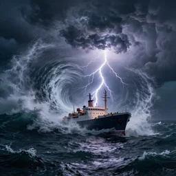 a massive whirlpool in the ocean dragging a ship to its center | fantasy dynamic art | lightnings | storm | professional