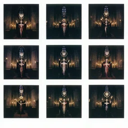 collage of polaroid photographs of satanic ritual in a black cathedral