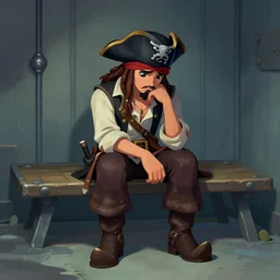aesthetic full body digital illustration of a sad pirate hanging his head and sitting on a prison cot, league of legends : 1 | centered, concept art, deviantart : 0. 9