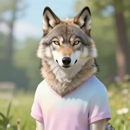 Beautiful portrait of an anthro anthropomorphic  wolf wearing a cute pastel shirt Summer Atmosphere. detailed, digital art