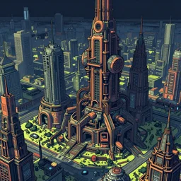futuristic, cyberpunk, steampunk, city landscape, pixel art, concept art, art station, intricate, detailed