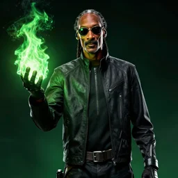 Snoop Dogg starring as a futuristic Marvel Super Hero holding green fire for a 2019 Marvel Movie poster, cinematic, 4K, HD