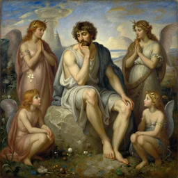 painting of a thinking man sitting on a stone surrounded by faries, greek