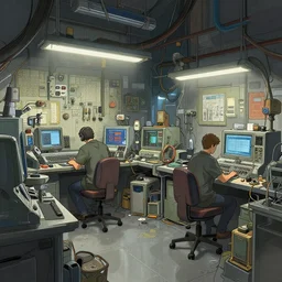 an extremely cluttered machine repair shop in 2067, art by Josan Gonzales and Dan Hillier