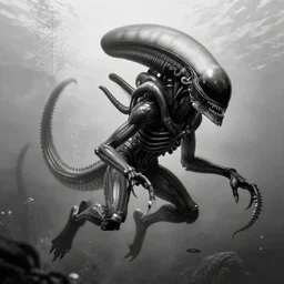 black and white, hammerhead, underwater xenomorph alien, tentacles, highly detailed, digital painting, artstation, concept art, smooth, sharp focus, illustration, unreal engine 5, 8 k, art by carlos huante and giger and beksinksi and ifbb pro fitness photograph