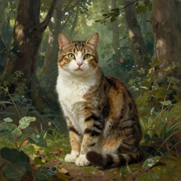 cat sitting in a forest, artstation, by artgerm, by greg rutkowski, by alphonse mucha, by bouguereau, by ruan jia, by and conrad roset