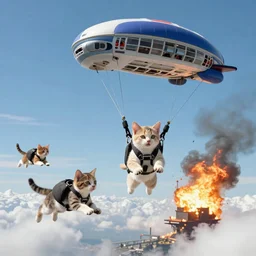 A herd of kittens skydiving from a burning skyship