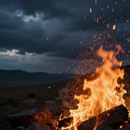 fire with flying embers, depth of field, dof, motion blur