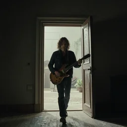 photo of a man with long curly hair holding a firing guitar, walking out of from the past door, film still from the movie directed by denis villeneuve with art direction by zdzisław beksinski, wide lens