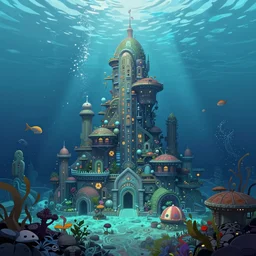 masterpiece artwork of a underwater city inside of aquarium, hyper detailed, art, trending in artstation, behance, deviantart, art style by kim jung gi and greg rutkowski