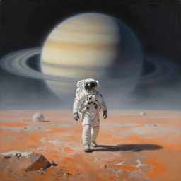 an epic painting of a futuristic solitary astronaut walking along the muted orange icy surface of Titan, Saturn is visible through the haze, unreal 5, DAZ, detailed, soft focus, brilliant, 4k, 8k, HD, trending on artstation, art by Rick Guidice painting by Robert McCall by John Harris, abstract
