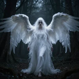 ultrarealistic horrific, beautiful banshee with brightly shining wings and white hair imprisoned in a very dark nearly lightless, sombre, horrific forest