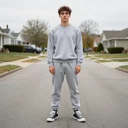 Rocco Botte wearing gray sweatshirt and gray sweatpants and black/white Converse Chuck Taylors standing in a T-pose on a suburban residential street