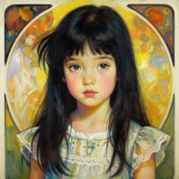 a portrait of beautiful woman about 2 3 years old amorous eyes wearing a dress, long black hair, thin octane render, vivid colors, artstation, painting by artgerm, face by wlop, by greg rutkowski, by jeremy mann, by alphonse mucha, by boris vallejo.