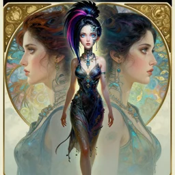 cyberpunk full shot, crossing ankles, very detailed, cgsociety, artstation, female, wearing a dress, necklace, dark hair, colored lock of hair clean, symmetry, blue eyes, intricate, impossible beauty, eye implant bionic, ponytail, staring in the void, art by krenz cushart and artem demura and alphonse mucha