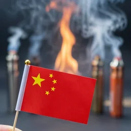 Chinese flag on fire with vapes in the background
