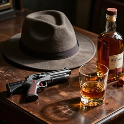 a photo of a fedora, a toy retro sci-fi ray gun, a rocks glass containing some whiskey, a bottle of bourbon on its side, spilling liquid on an old desk