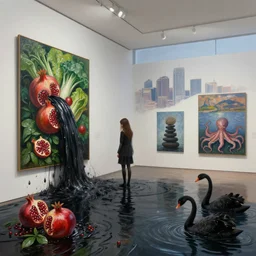 painting of a flooded art gallery and a tall emo girl, a waterfall of black liquid coming from a painting and flooding the gallery, pomegranates, green vegetables, sydney cbd skyline, octopus, zen, black swans, berries, wide panoramic view, surrealist, by magritte and monet