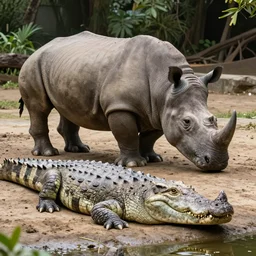 a crocodile rhino!!! hybrid! hyper realistic!! realistic lighting!! wildlife photographer of the year!!! bold natural colors, national geographic, hd, wide angle, 8 k