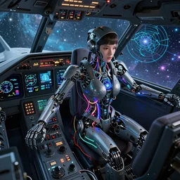 dark military aeronautical game theme : a full female body of mechanical beautiful girl robot fighter pilot is piloting while all her parts are connected by luminous intricate organic and colorful electric cables and wires and fibers to the jet cockpit with dials and lights and gauges and radar experiencing the quantum field cinematic highly detailed realistic beautiful cosmic neural network octane render unreal