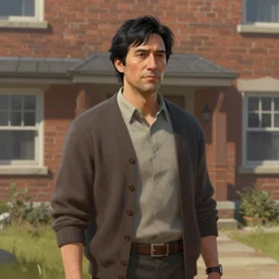 painting of a middle aged man with black hair and wearing a cardigan standing in front of a brick house, trending on artstation, unreal engine, fantasy art