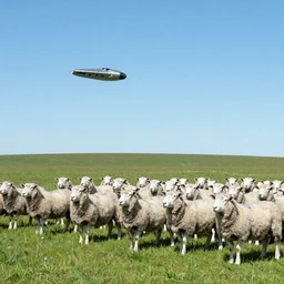 “A flock of sheep in a green meadow with a clear sky above and a spaceship flying overhead”