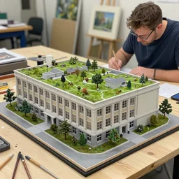 workshop model of a building with a green roof, an airbrush painting by marten post, artstation, american scene painting, ultra detailed, diorama, ultra realistic