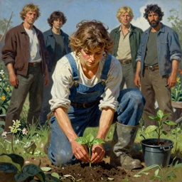 A mixed media portrait painting of a gardener woman in overalls planting a seedling, by Frank Frazetta, Greg Rutkowski, Beeple, Boris Vallejo, Yoko Taro, Christian MacNevin, epic fantasy character art, high fantasy, CGsociety, full length, exquisite detail, post-processing, masterpiece, cinematic
