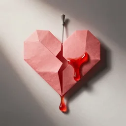 paper origami broken heart, pinned to a wall, dripping strawberry syrup
