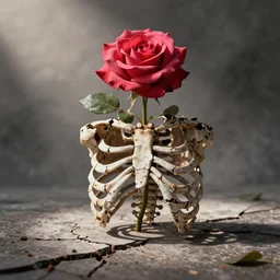 a rose growing out of a cracked ribcage