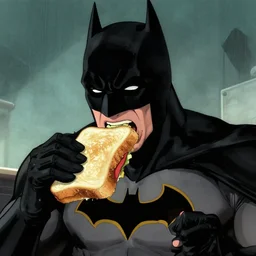 batman eating a large sandwich while crying