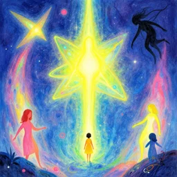 dawn of creation; first atom; beings of light and darkness; ethereal plane. Bright neon colors. illustrated by maurice sendak and Stephen Gammell and ERIC CARLE