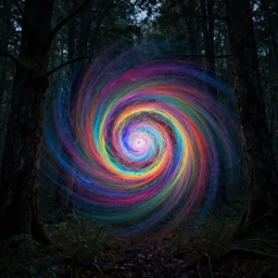 2018 photograph of swirling portal revealing the rainbow fractal universe in a dark and scary woods, magical realism style
