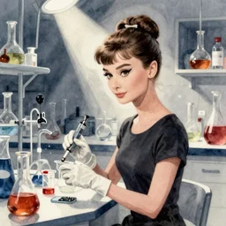 cyberpunk audrey hepburn chemistry laboratory, intricate watercolor painting by greg rutkowski, trending on pixiv