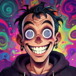 insane man with spiral eyes, grinning, with crazy psychedelic background, coherent detailed character design, weirdcore voidpunk digital art by louis wain, furaffinity, cgsociety, trending on deviantart