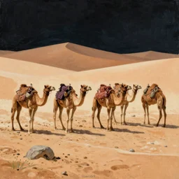 6 camels in the desert at night , richard corben