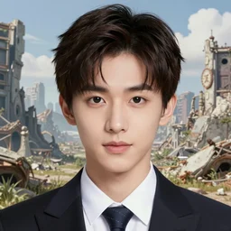 a lovely and shiny young president of the united states, 1 8 4 3, face by artgerm, ross tran, fuji choko, loish, 8 k resolution, attractive, symmetrical portrait, beautifully detailed landscape of ruin, trending on pixiv and pinterest, charming black eyes, luxury, perfect face, smooth, dreamlike