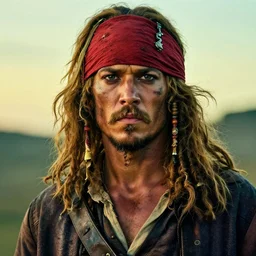 photo portrait of an rugged albino african pirate with a red headband and a brown - jacket brown, young adult, thin blonde mustache, afro blonde hair, stern face, rugged and dirty, cinematic lighting at sundawn, movie color grading