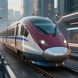 modern maglev train speeding though a city, hard lighting, 8k, maroon and blue accents, metallic reflections, star citizen origin 890Jump, central focus, close up, cyberpunk 2077, skyline in background, award winning photography