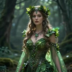 heavenly beautiful elven queen with a leaf crown, hints of silver jewelry, overgrown, full body, forest background, elegant, intricate detail, dramatic lighting, mist, green aura,