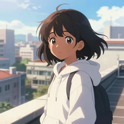 anime visual portrait of a young black haired girl wearing hoodie sightseeing above the urban city school rooftop sunny day cute face dramatic lighting dynamic perspective