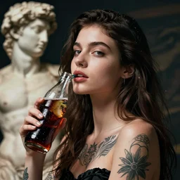 beautiful young woman, soda water, tattoos, in the style of irakli nadar and michaelangelo, deep mood, hyperrealism, epic and cinematic
